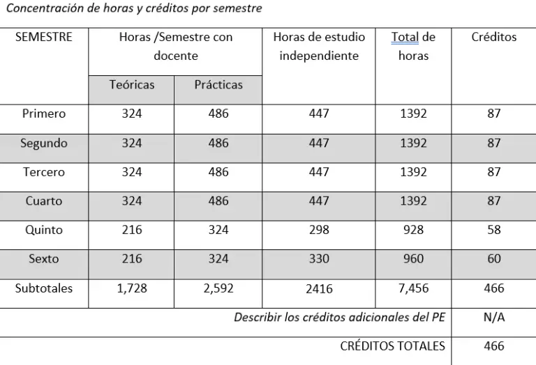 Concentración de horas y créditos por semestre